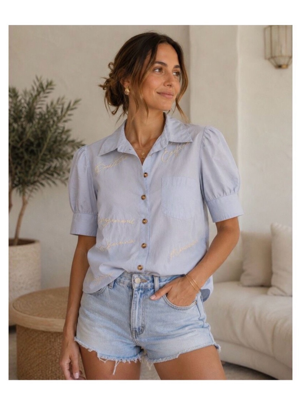 NWT | Maeve | Puff-Sleeve Signature Blouse | MISSING BUTTON | size XS button inc